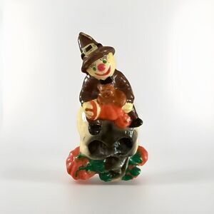 Vintage Halloween Vintage Candle Scarecrow Hold Teddy Bear On Skull Pumpkins NOS